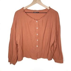 SHEIN Terra Cotta Button Front Blouse Boho Peasant Top Long Sleeve L
